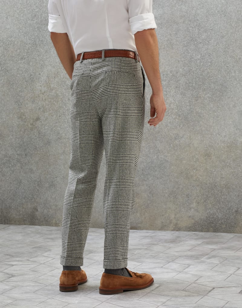 BRUNELLO CUCINELLI MEN'S GREY WOOL CHECKED TROUSERS