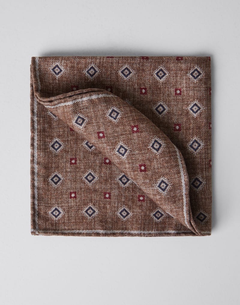 BRUNELLO CUCINELLI MEN'S BROWN RED SILK PATTERNED POCKET SQUARE