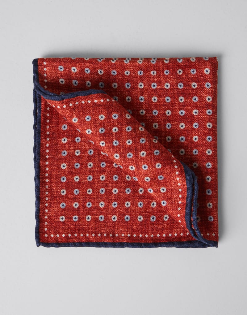BRUNELLO CUCINELLI MEN'S CARROT NAVY SILK PATTERNED POCKET SQUARE