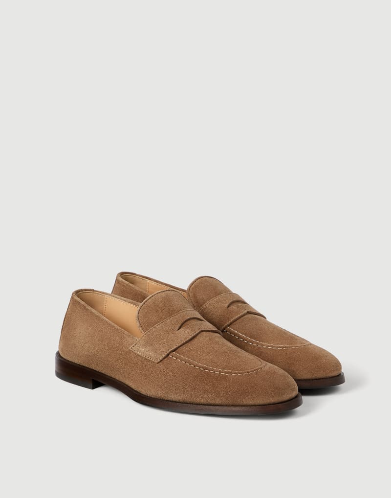 BRUNELLO CUCINELLI MEN'S DARK BEIGE SUEDE PENNY LOAFERS