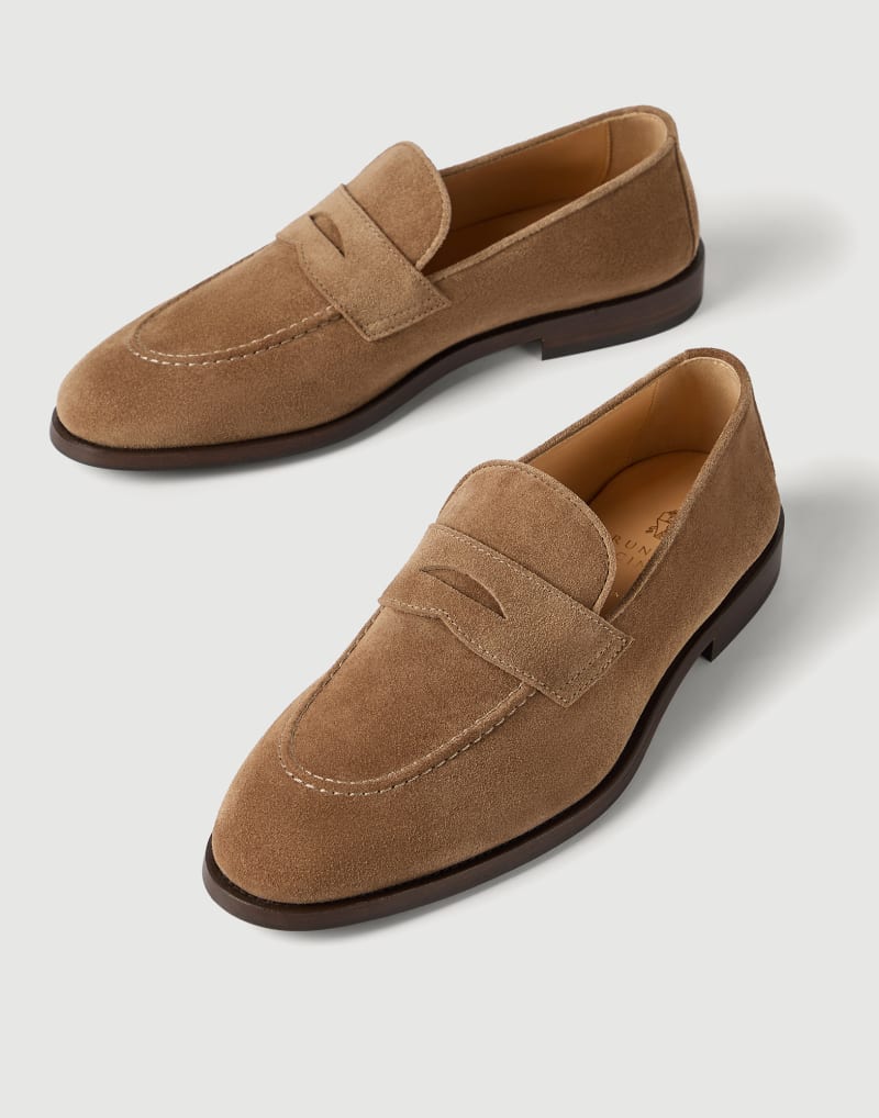 BRUNELLO CUCINELLI MEN'S DARK BEIGE SUEDE PENNY LOAFERS