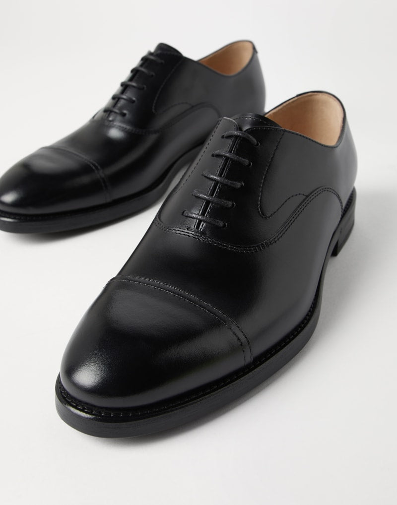 BRUNELLO CUCINELLI MEN'S BLACK LEATHER CAP TOE DRESS SHOES