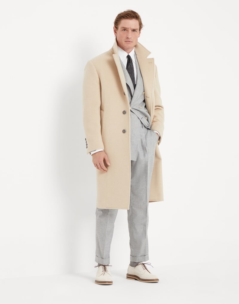 BRUNELLO CUCINELLI MEN'S PEARL GREY WOOL SILK DOUBLE BREASTED SUIT