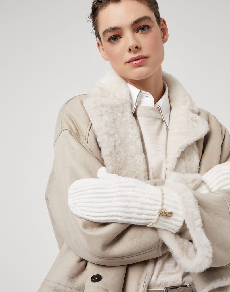 BRUNELLO CUCINELLI WOMEN'S WHITE RIBBED WOOL MITTENS