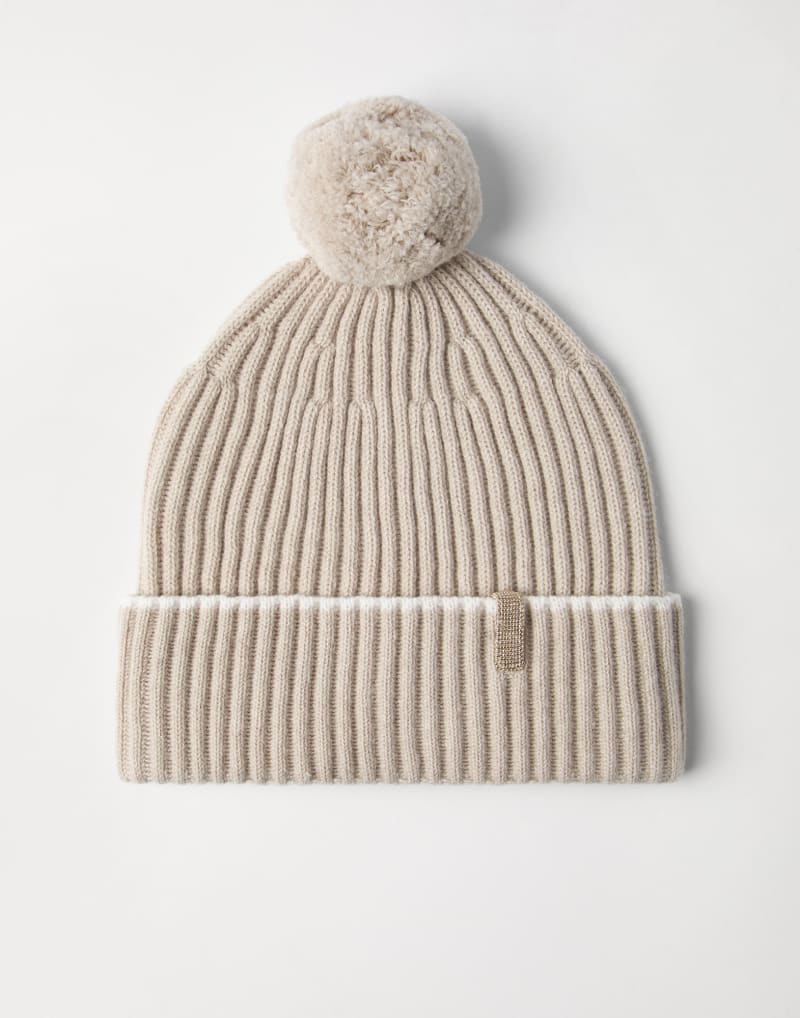 BRUNELLO CUCINELLI WOMEN'S LIGHT BROWN WOOL KNIT POMPOM HAT