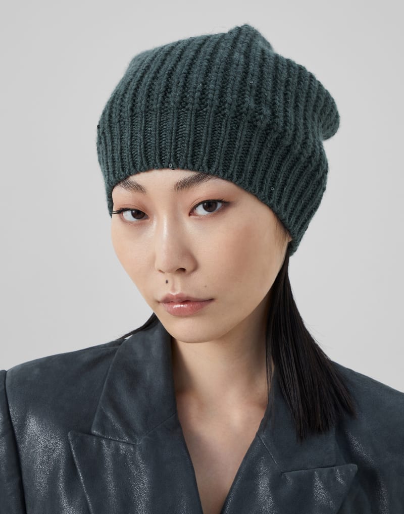BRUNELLO CUCINELLI WOMEN'S FOREST GREEN WOOL SILK KNIT HAT