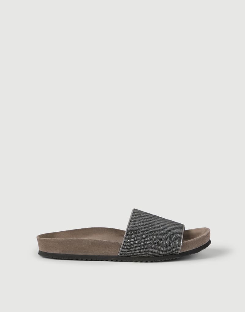 BRUNELLO CUCINELLI WOMEN'S LIGHT GREY LINEN OPEN TOE SLIDES