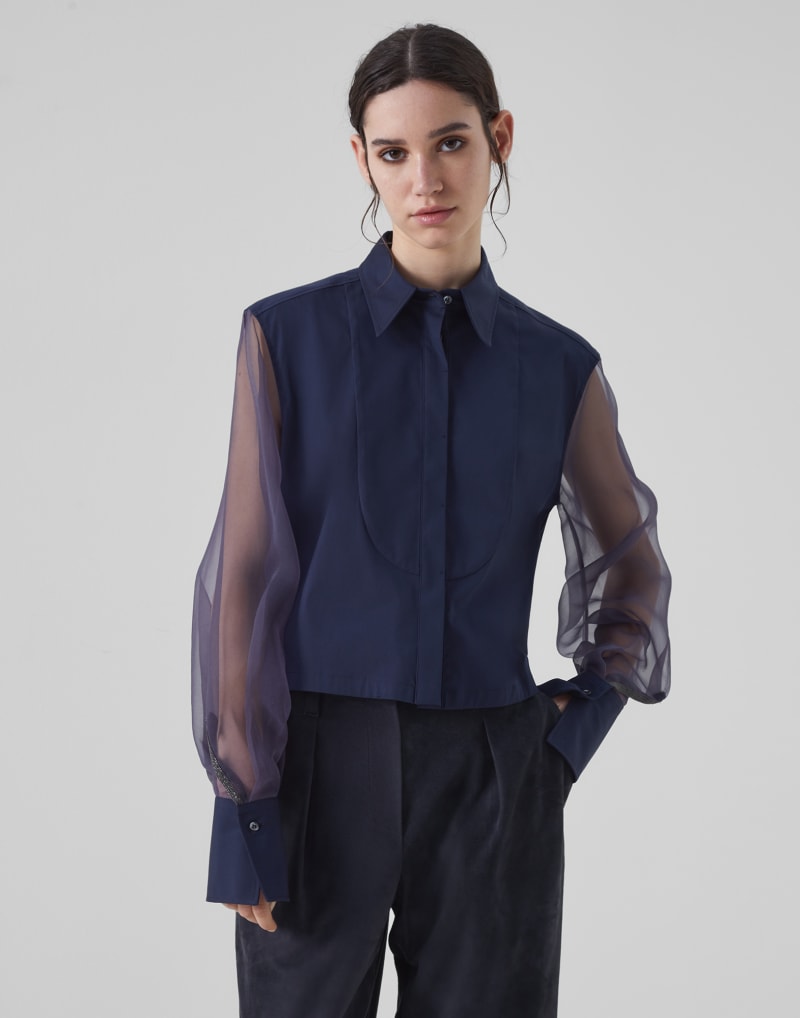 BRUNELLO CUCINELLI WOMEN'S NIGHT SHEER SLEEVE COTTON BLEND SHIRT