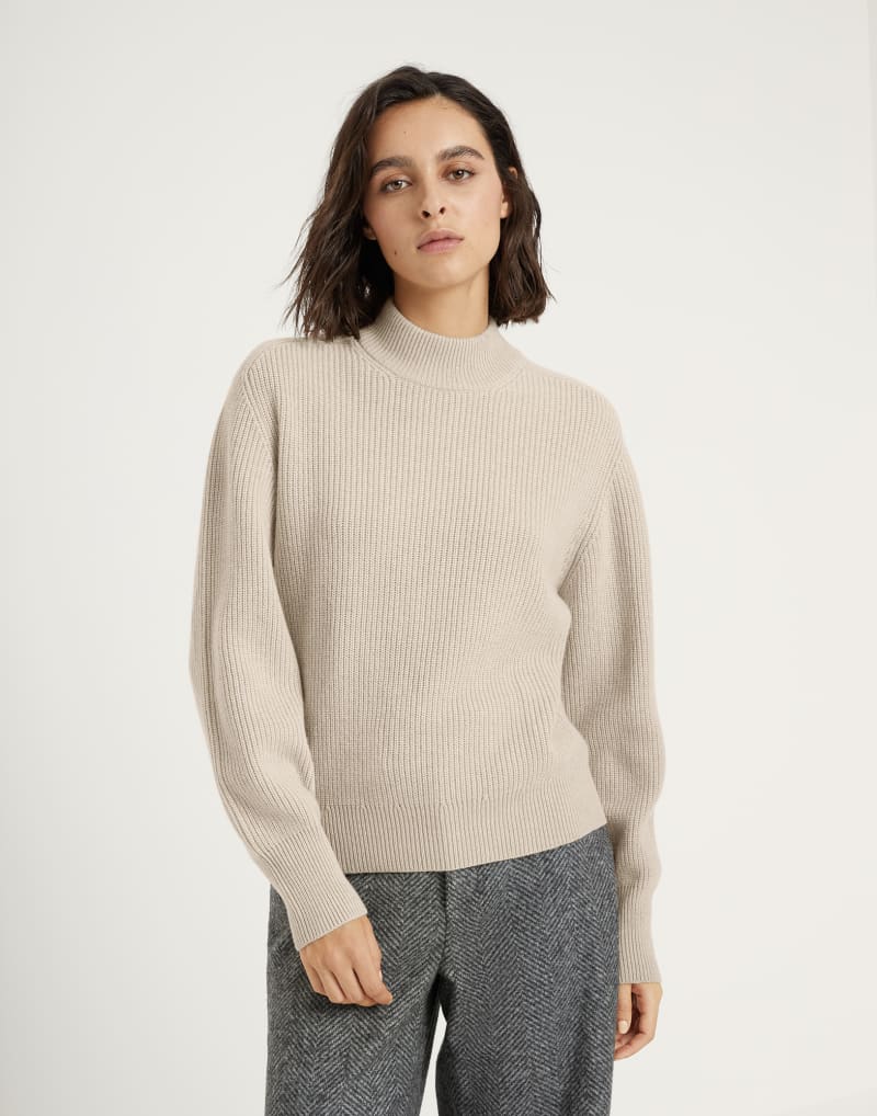 BRUNELLO CUCINELLI WOMEN'S LIGHT BROWN WOOL RIBBED MOCK NECK SWEATER
