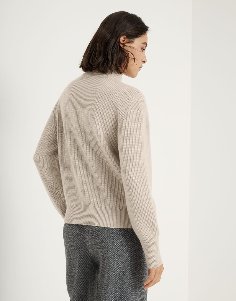 BRUNELLO CUCINELLI WOMEN'S LIGHT BROWN WOOL RIBBED MOCK NECK SWEATER