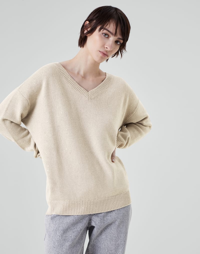 BRUNELLO CUCINELLI WOMEN'S LIGHT BROWN WOOL SILK V NECK SWEATER