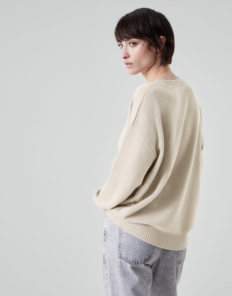 BRUNELLO CUCINELLI WOMEN'S LIGHT BROWN WOOL SILK V NECK SWEATER
