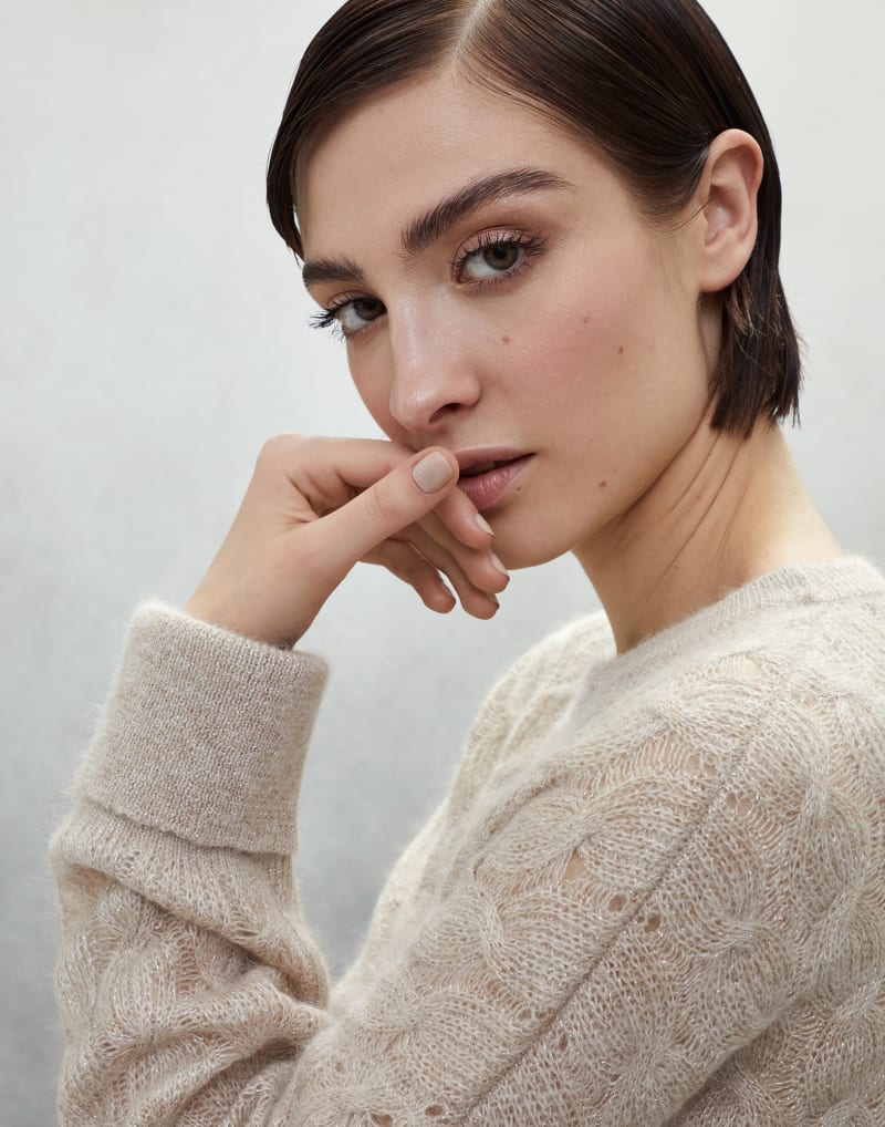 BRUNELLO CUCINELLI WOMEN'S LIGHT BEIGE CABLE KNIT WOOL SWEATER