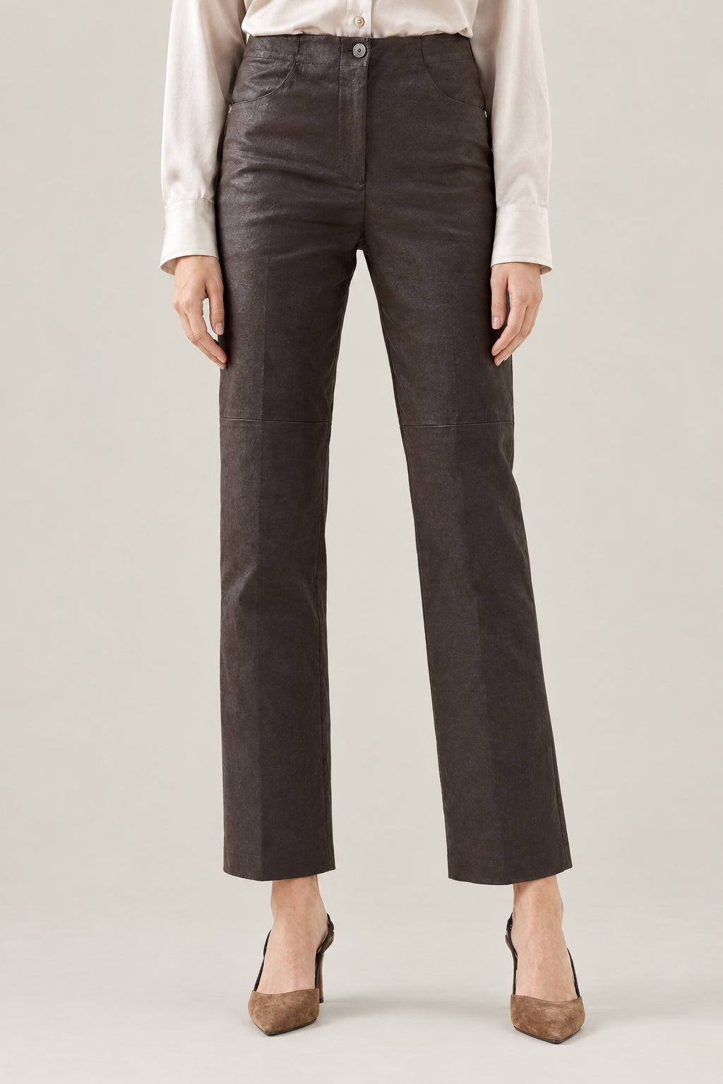 BRUNELLO CUCINELLI WOMEN'S DARK BROWN LINEN STRAIGHT LEG TROUSERS