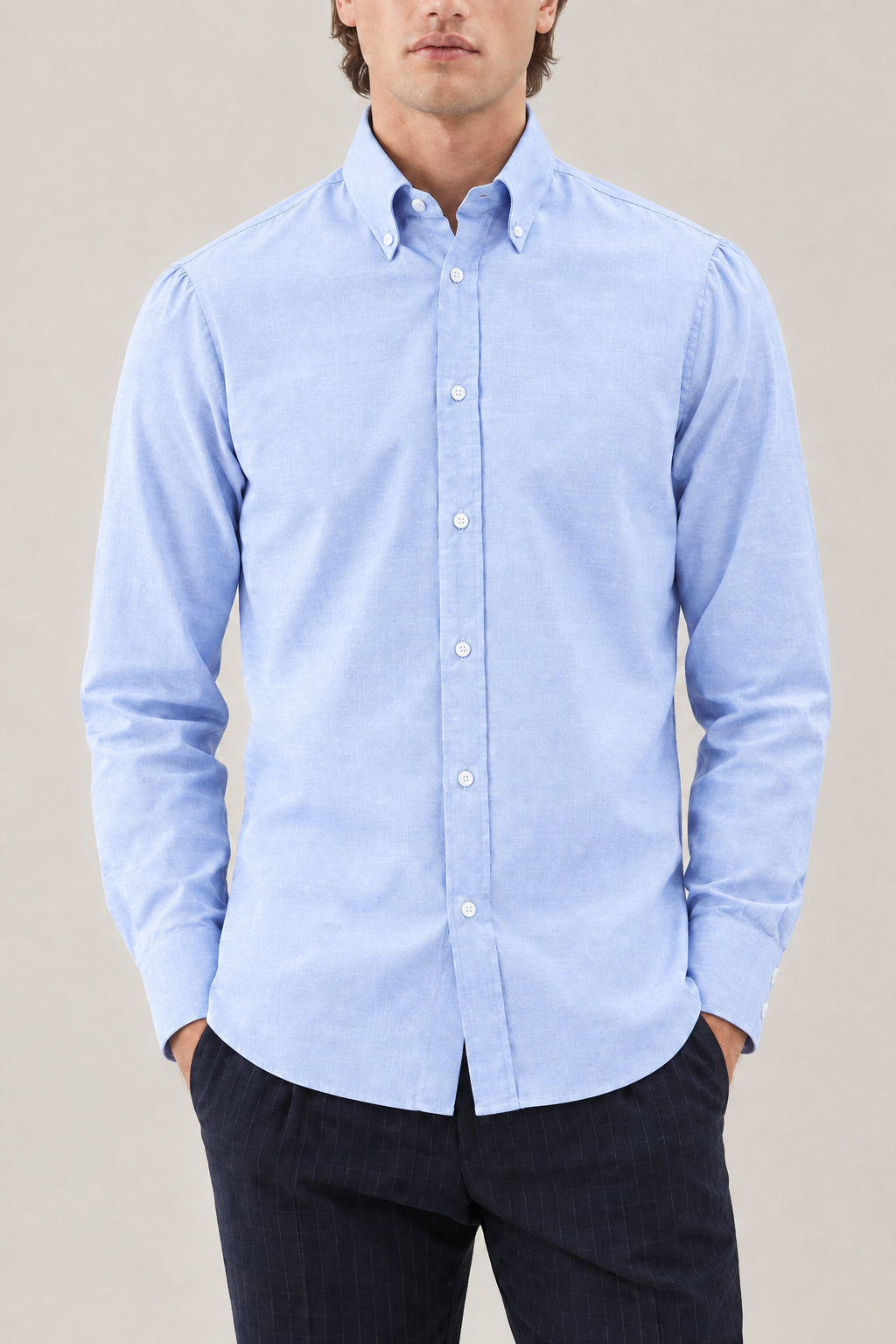 BRUNELLO CUCINELLI MEN'S SKY BLUE COTTON BUTTON DOWN SHIRT