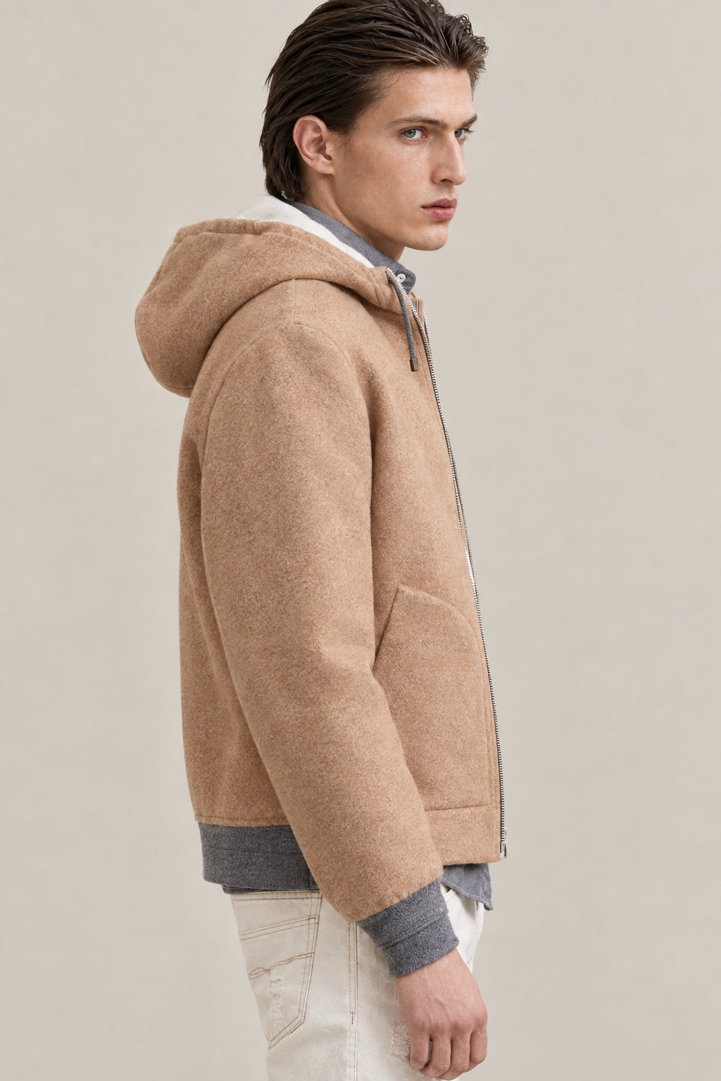 BRUNELLO CUCINELLI MEN'S BROWN WOOL HOODED JACKET