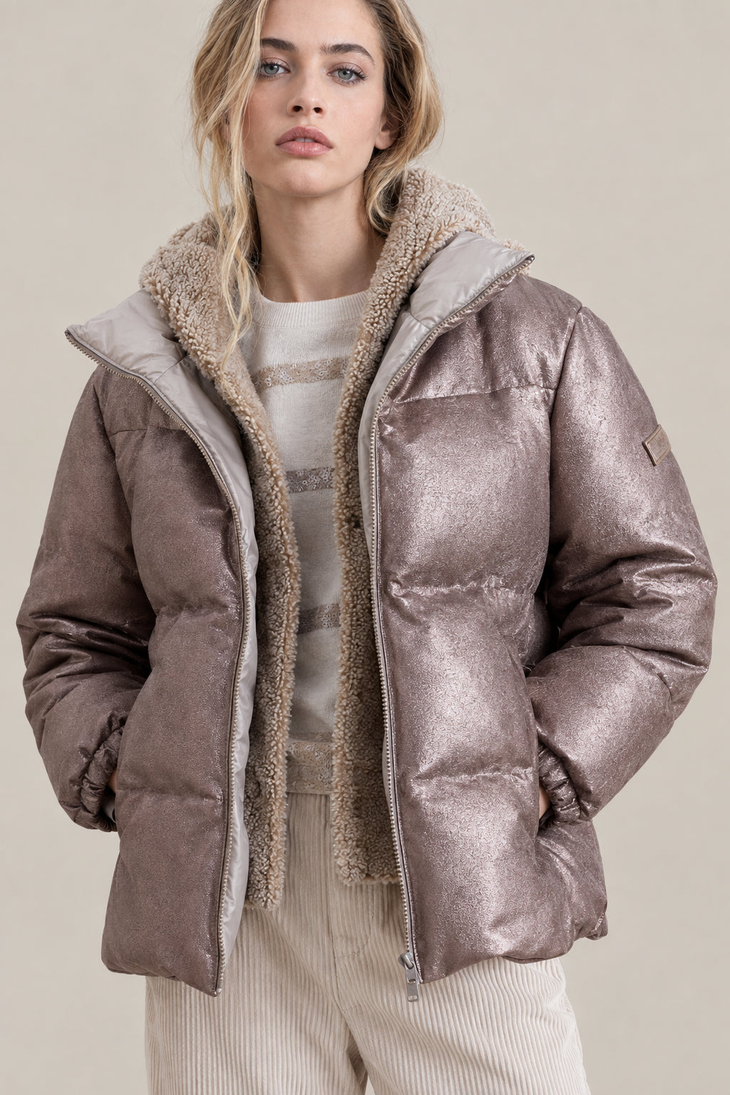 BRUNELLO CUCINELLI WOMEN'S LIGHT BROWN LEATHER PUFFER JACKET
