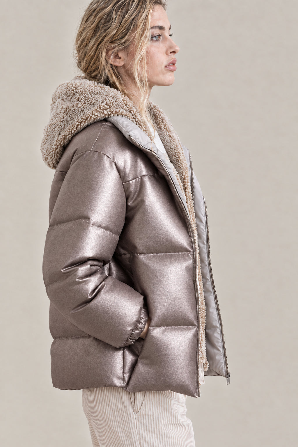 BRUNELLO CUCINELLI WOMEN'S LIGHT BROWN LEATHER PUFFER JACKET