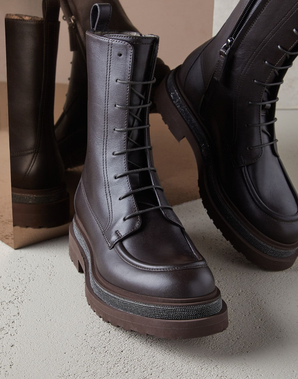 BRUNELLO CUCINELLI WOMEN'S BROWN LEATHER LACE UP BOOTS