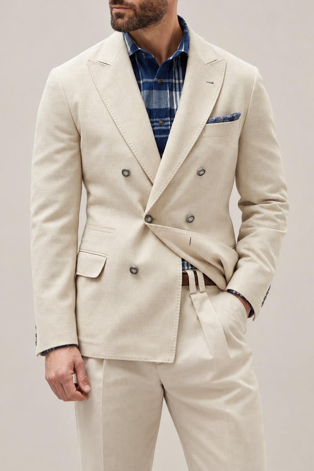 BRUNELLO CUCINELLI MEN'S SAND WOOL DOUBLE BREASTED JACKET