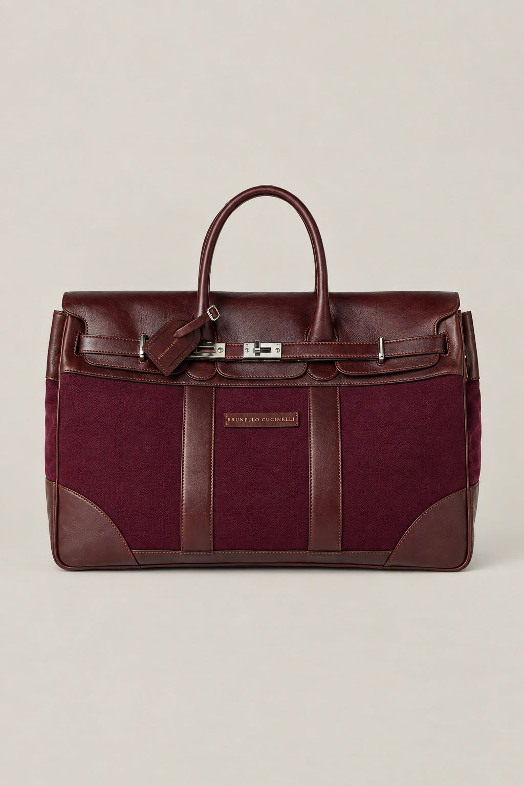 BRUNELLO CUCINELLI MEN'S BURGUNDY LEATHER CANVAS BAG