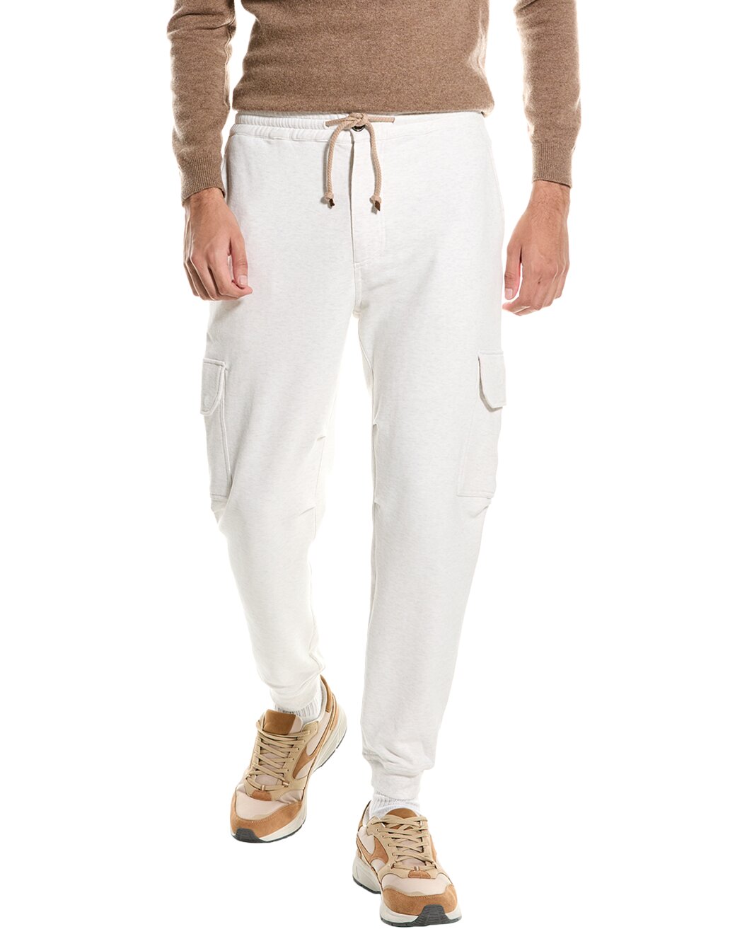 BRUNELLO CUCINELLI MEN'S OFF WHITE COTTON CARGO TROUSERS