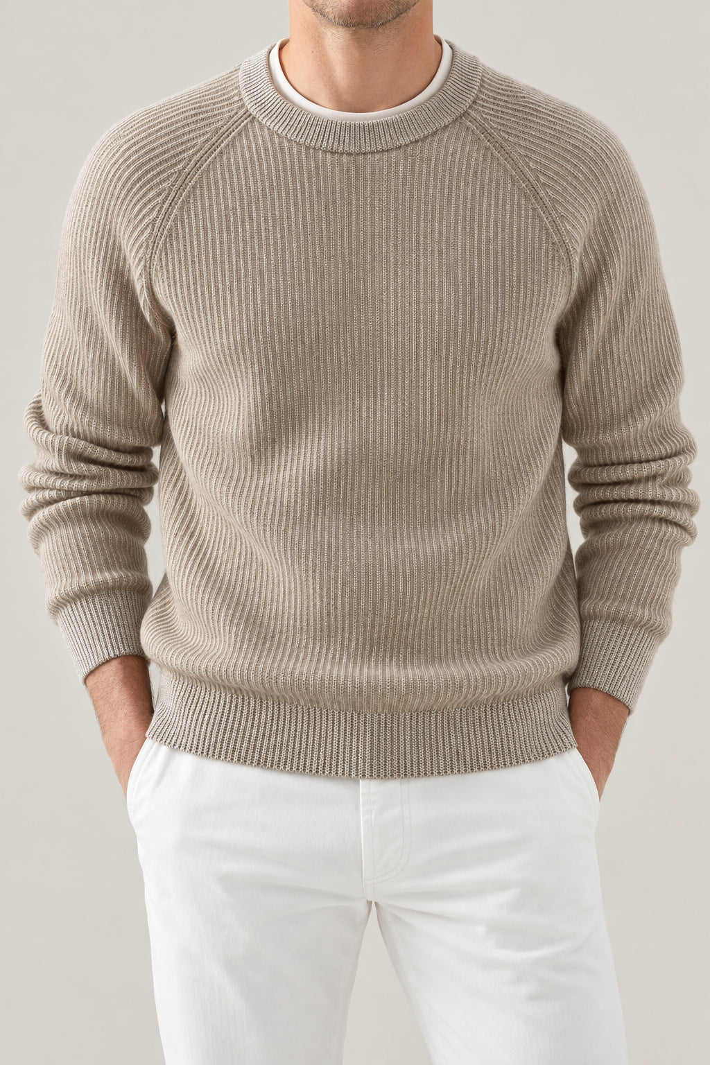 BRUNELLO CUCINELLI MEN'S BEIGE RIBBED KNIT SWEATER