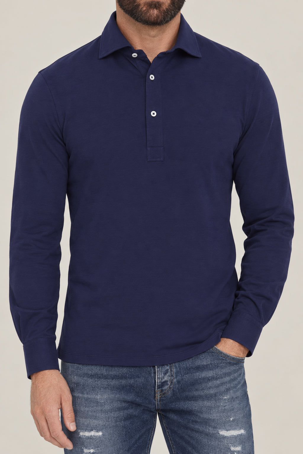 BRUNELLO CUCINELLI MEN'S INDIGO BLUE COTTON LONG SLEEVE SHIRT