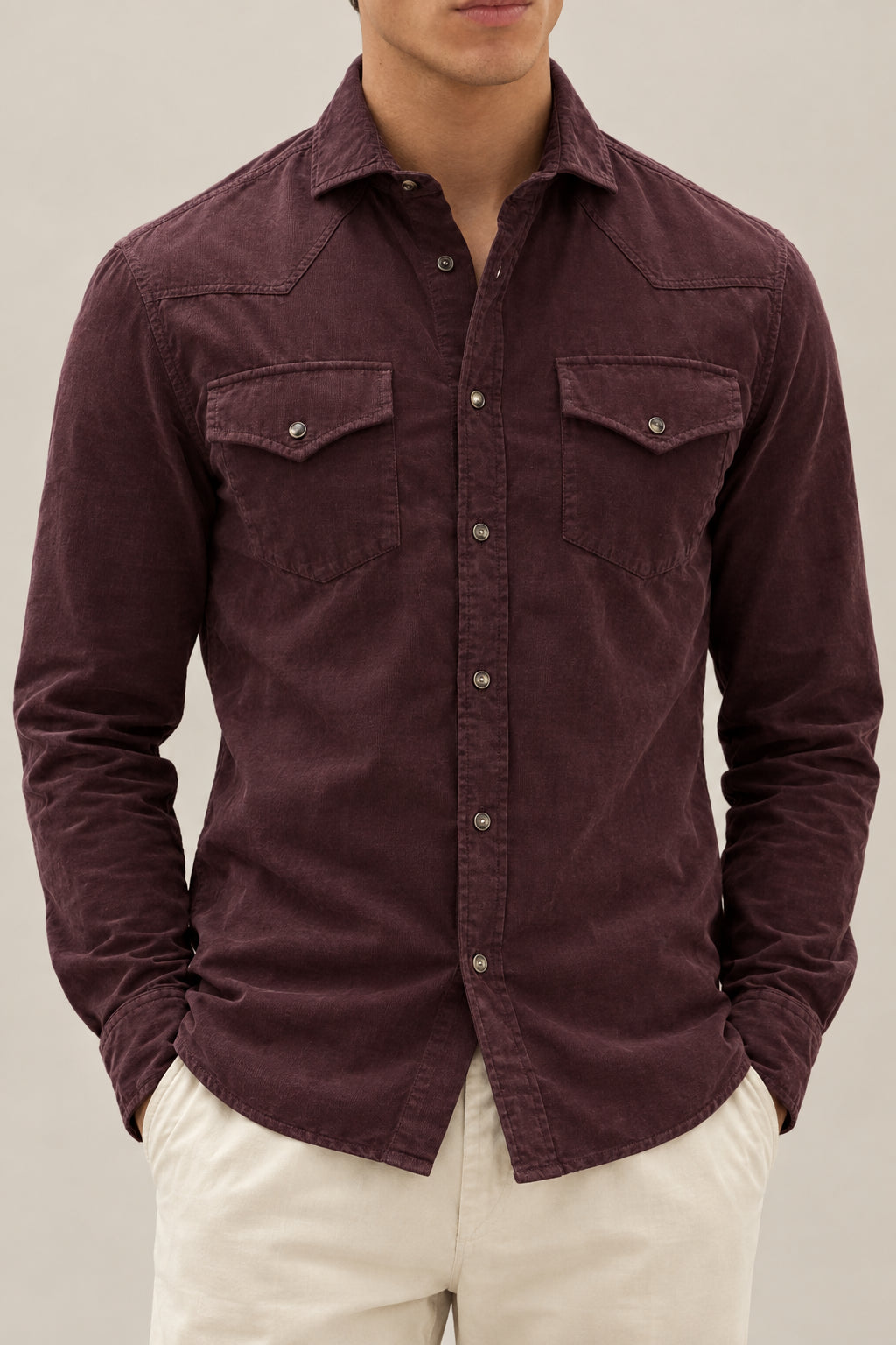 BRUNELLO CUCINELLI MEN'S PLUM COTTON WESTERN SHIRT