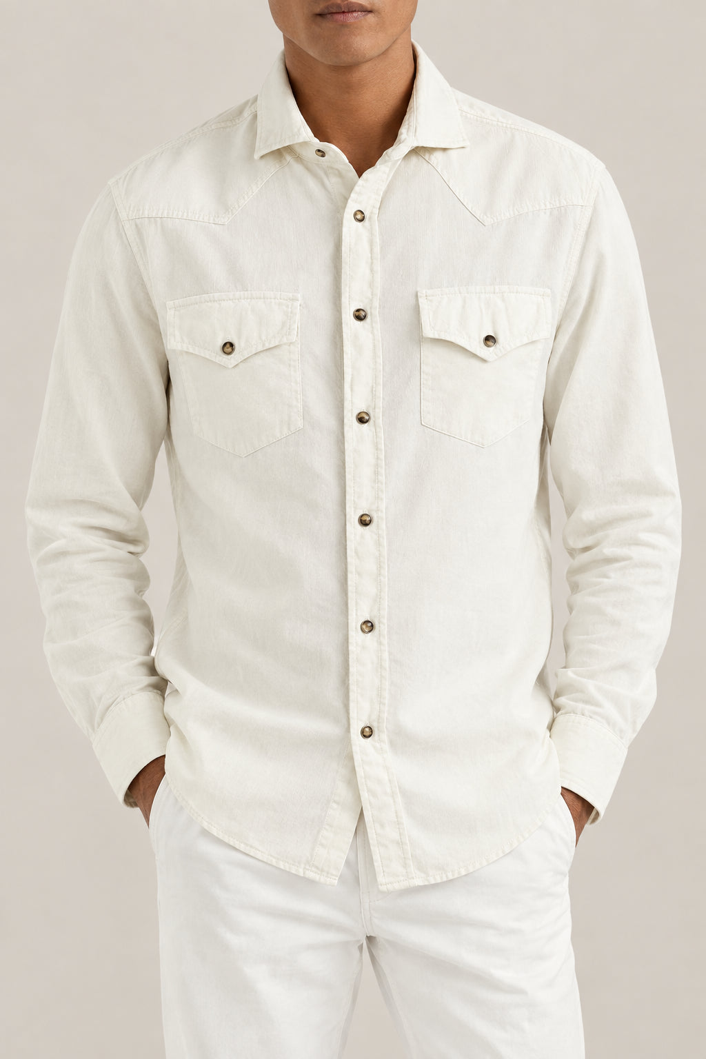 BRUNELLO CUCINELLI MEN'S OFF WHITE COTTON WESTERN SHIRT