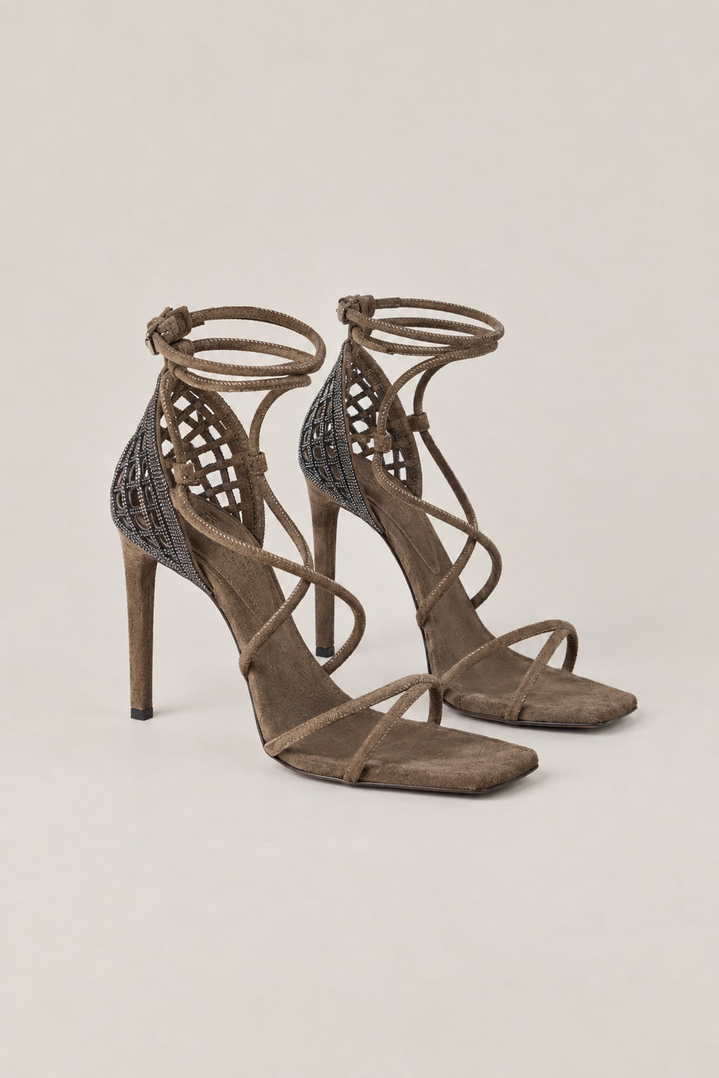 BRUNELLO CUCINELLI WOMEN'S PEAT LEATHER STRAPPY HIGH HEEL SANDALS
