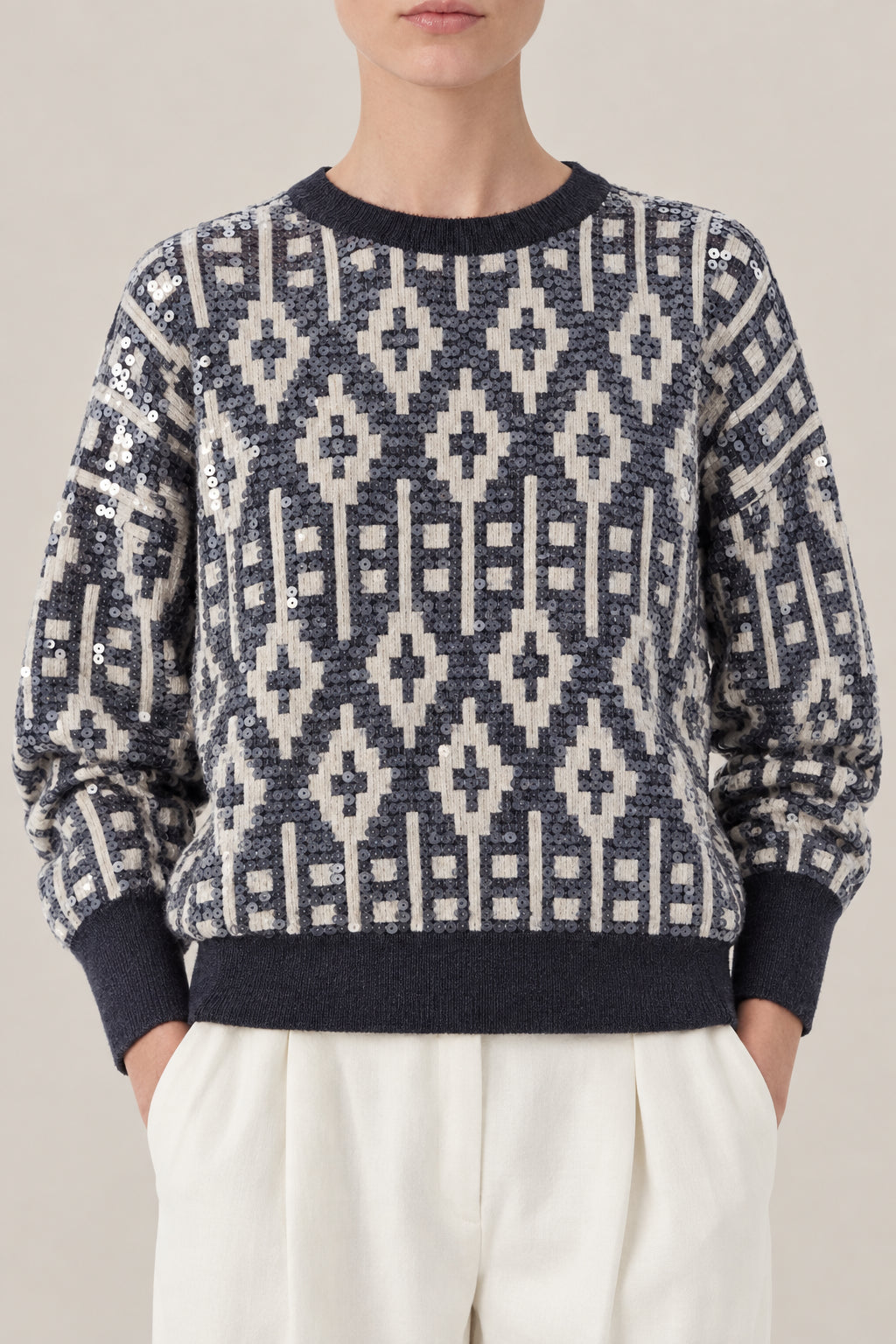 BRUNELLO CUCINELLI WOMEN'S BLACK STONE WOOL SILK JACQUARD SWEATER