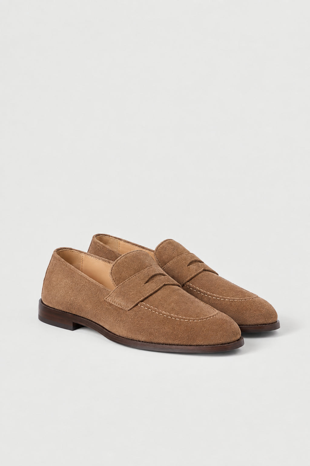 BRUNELLO CUCINELLI MEN'S DARK BEIGE SUEDE PENNY LOAFERS