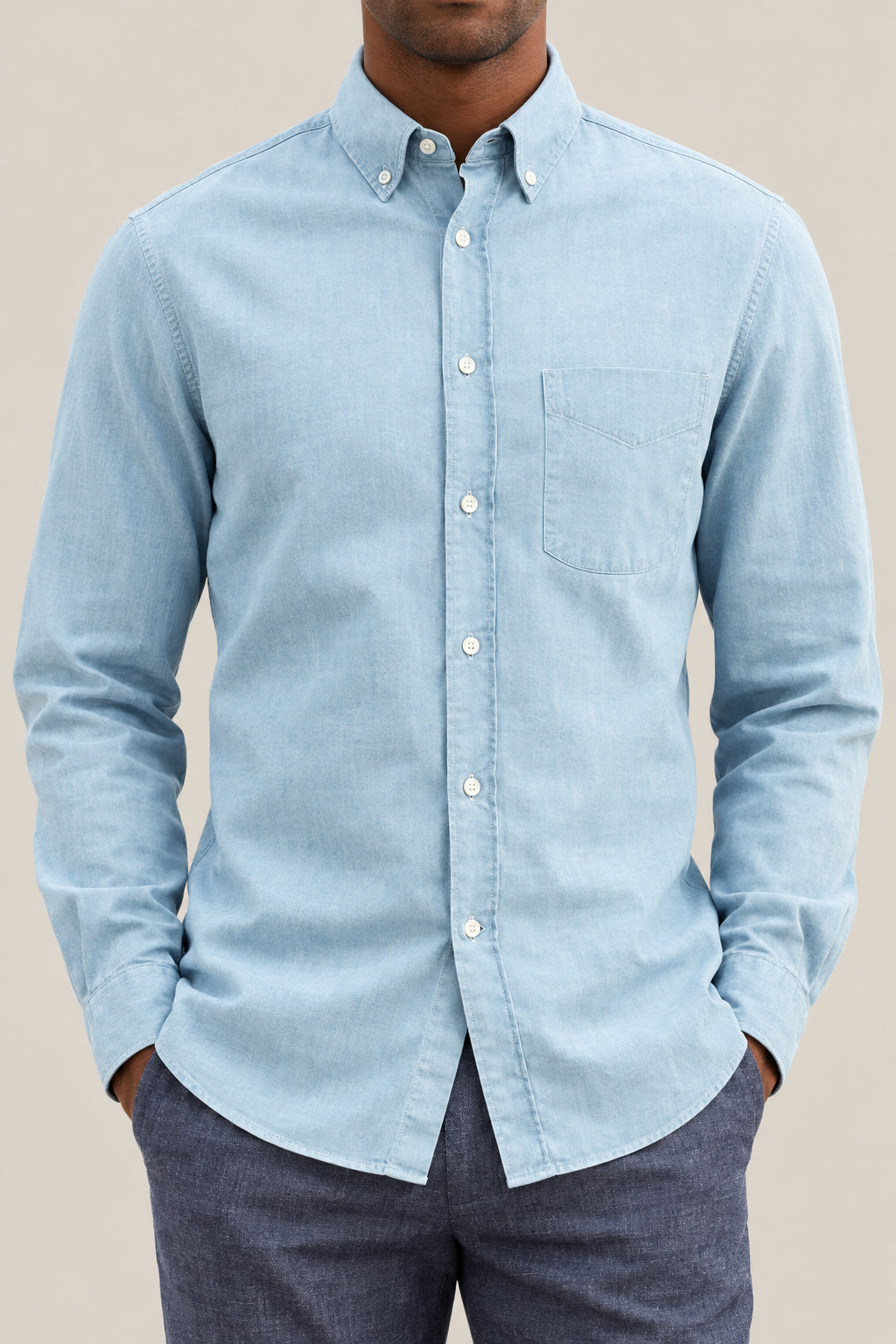 BRUNELLO CUCINELLI MEN'S VERY LIGHT DENIM COTTON BUTTON DOWN SHIRT