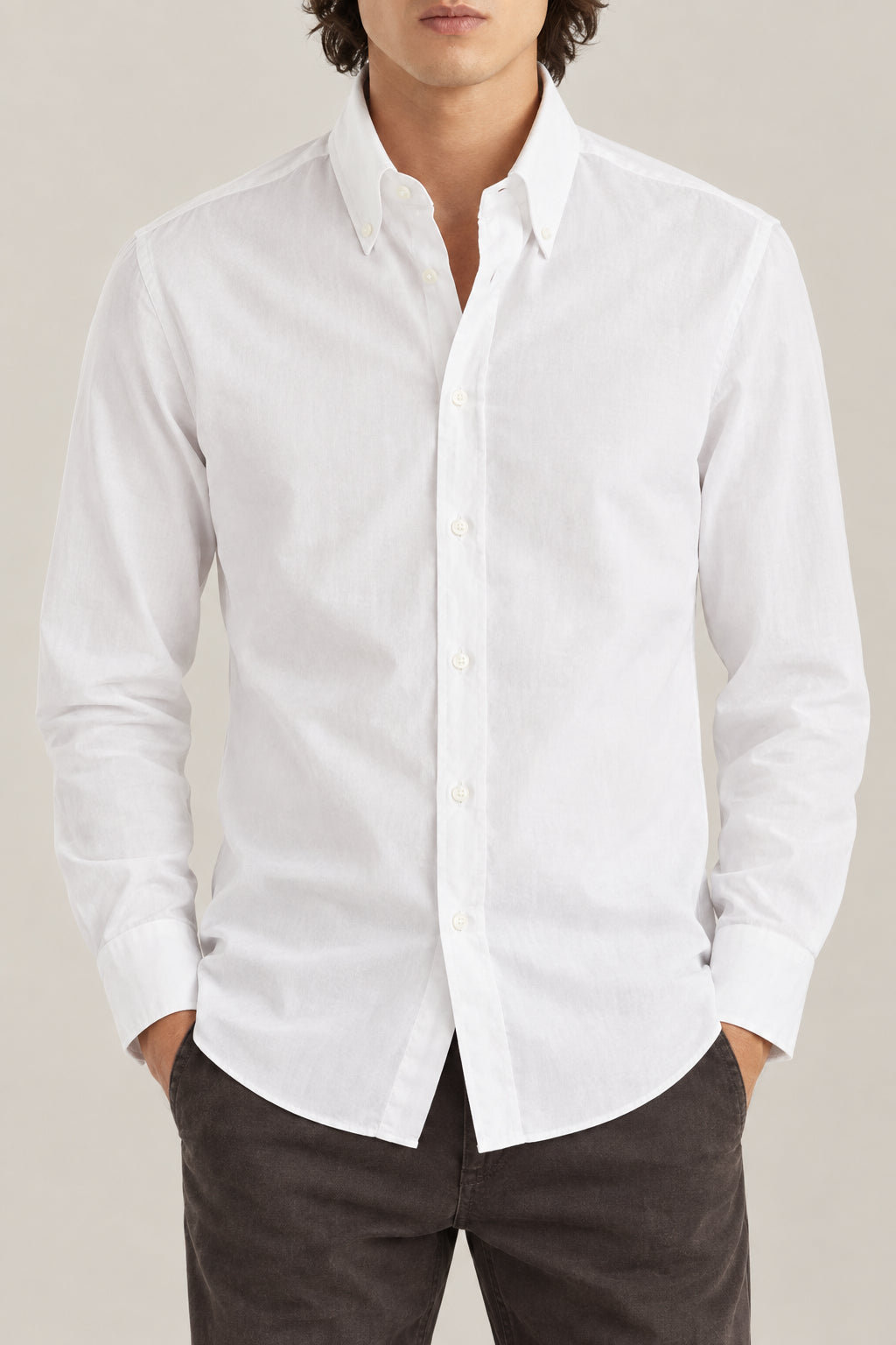 BRUNELLO CUCINELLI MEN'S WHITE COTTON BUTTON DOWN SHIRT
