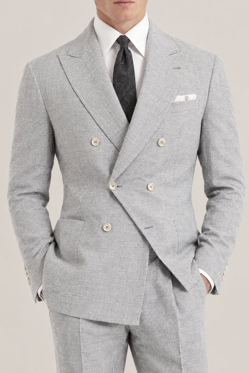 BRUNELLO CUCINELLI MEN'S PEARL GREY WOOL SILK DOUBLE BREASTED JACKET