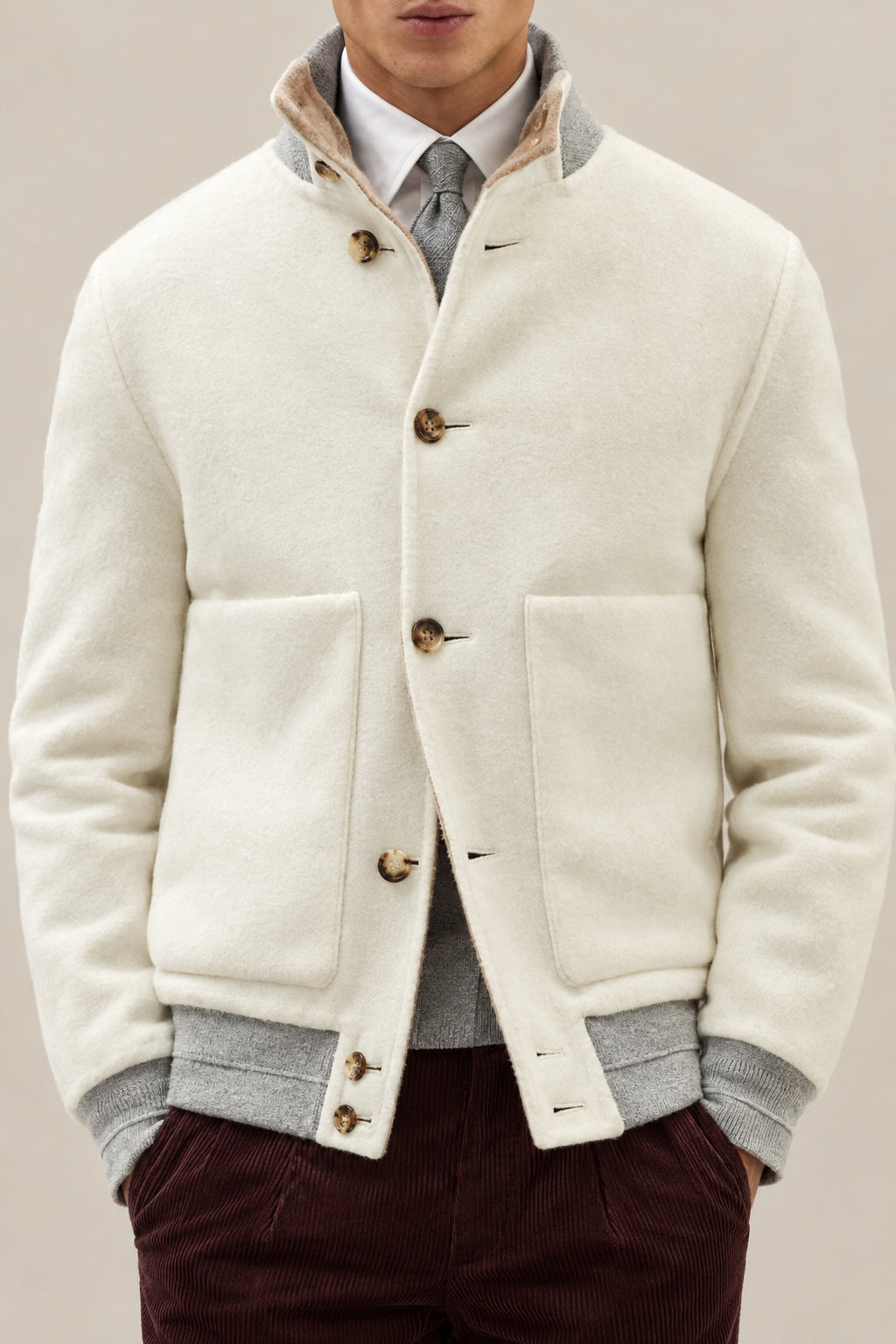 BRUNELLO CUCINELLI MEN'S WHITE WOOL BOMBER JACKET
