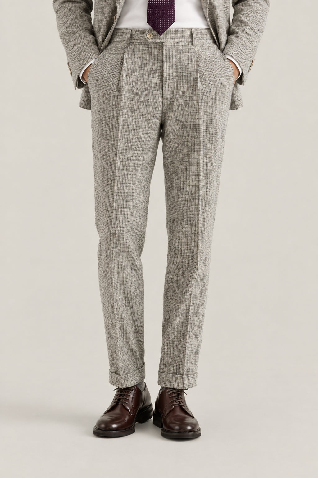 BRUNELLO CUCINELLI MEN'S COLD BROWN WOOL SILK BLEND PLEATED TROUSERS