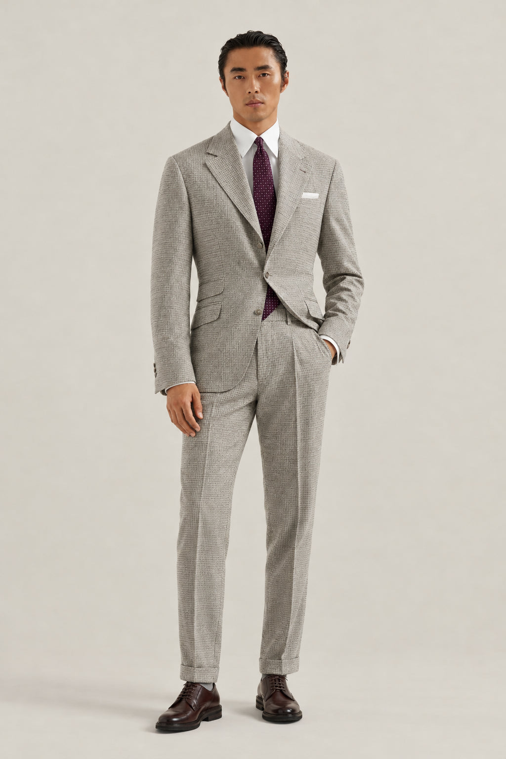 BRUNELLO CUCINELLI MEN'S COLD BROWN SILK WOOL BLEND CHECKED SUIT