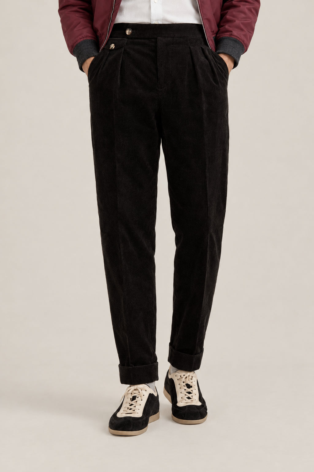 BRUNELLO CUCINELLI MEN'S BLACK COTTON WOOL BLEND PLEATED TROUSERS