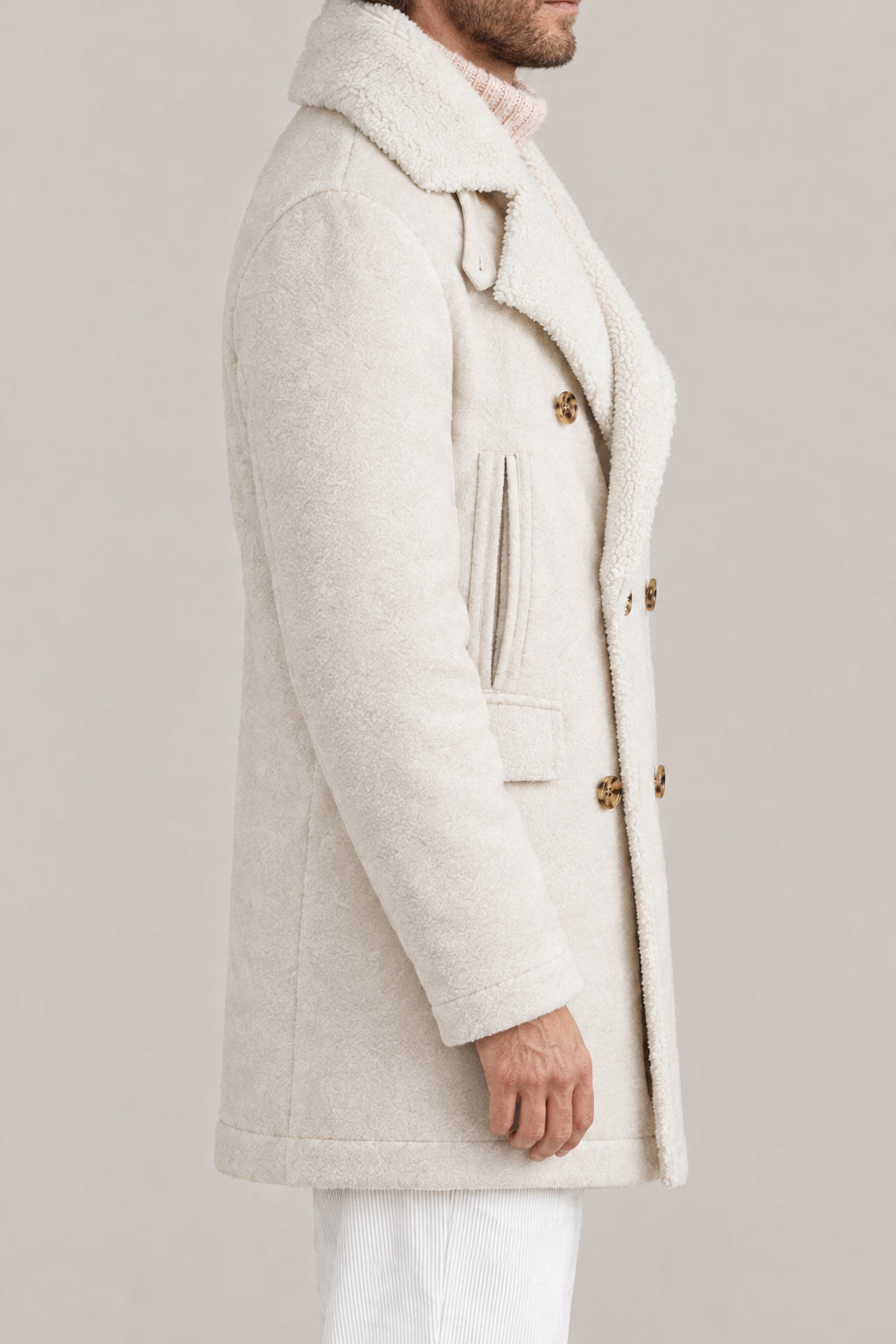 BRUNELLO CUCINELLI MEN'S SAND ECRU WOOL DOUBLE BREASTED JACKET