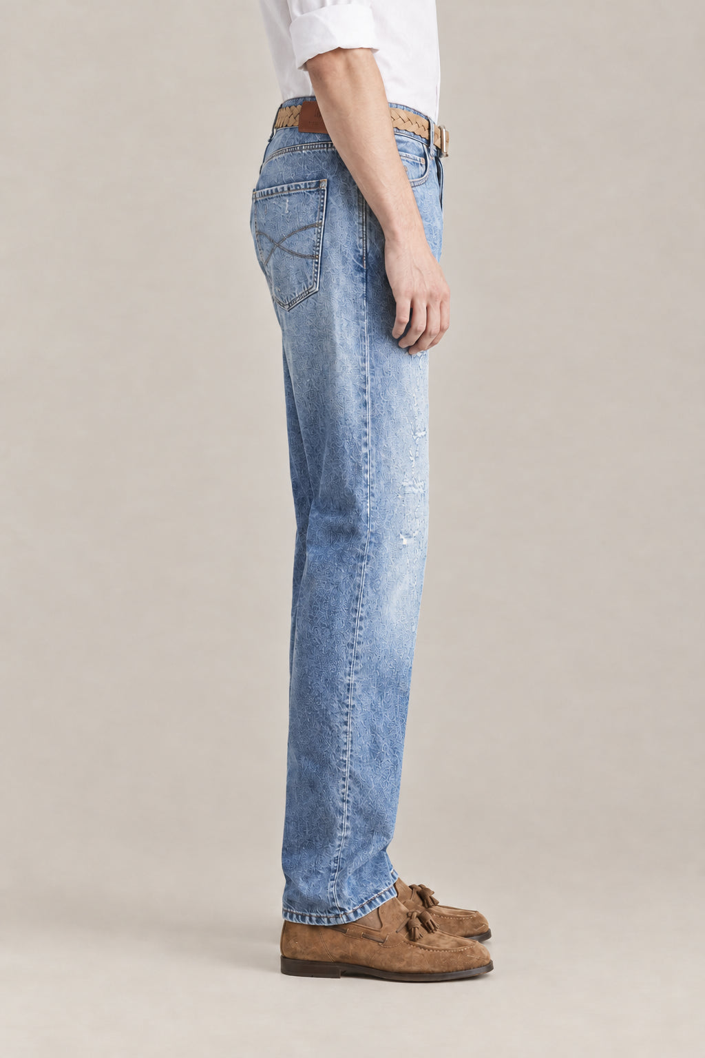 BRUNELLO CUCINELLI MEN'S DISTRESSED DENIM COTTON CASUAL TROUSERS