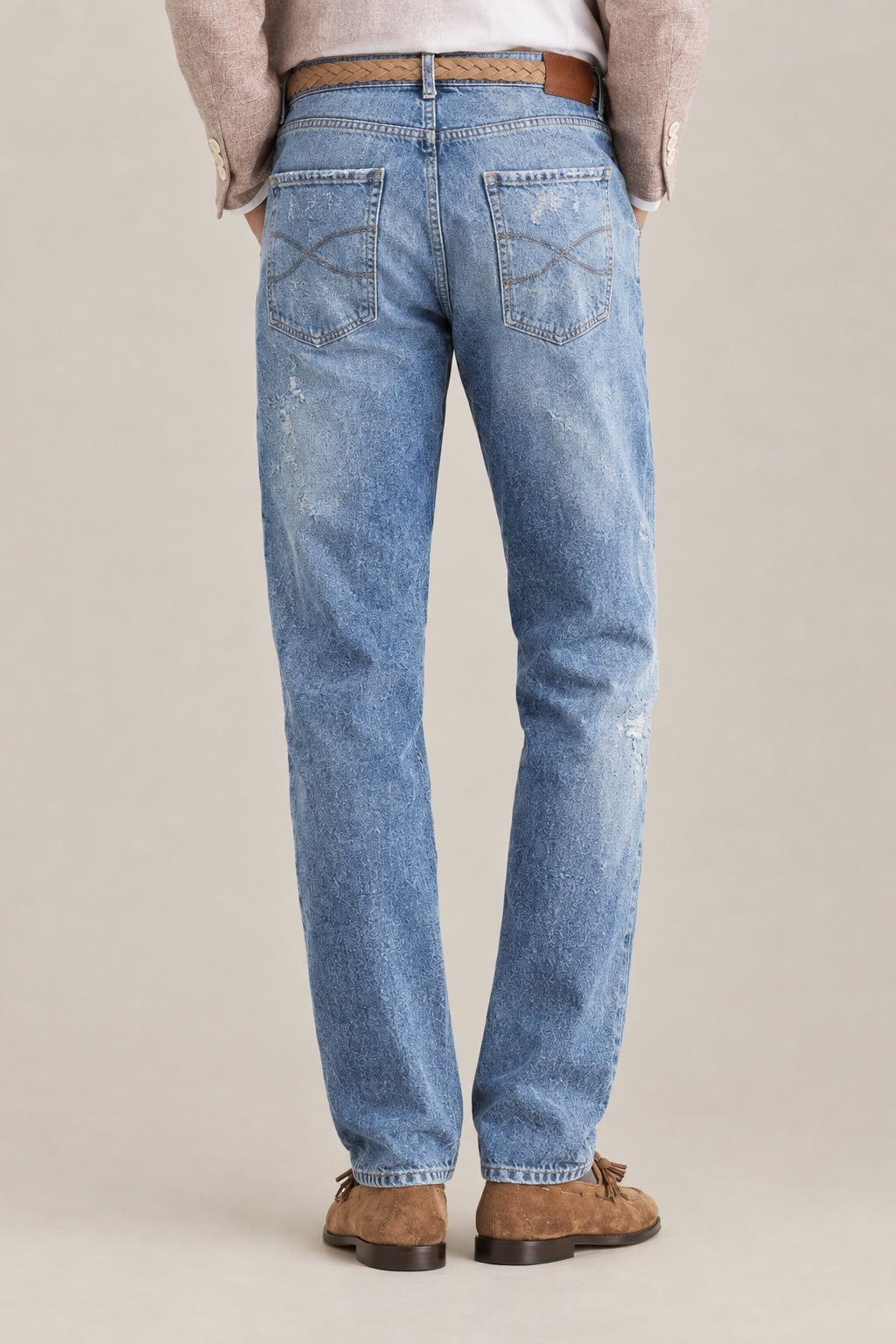 BRUNELLO CUCINELLI MEN'S DISTRESSED DENIM COTTON CASUAL TROUSERS