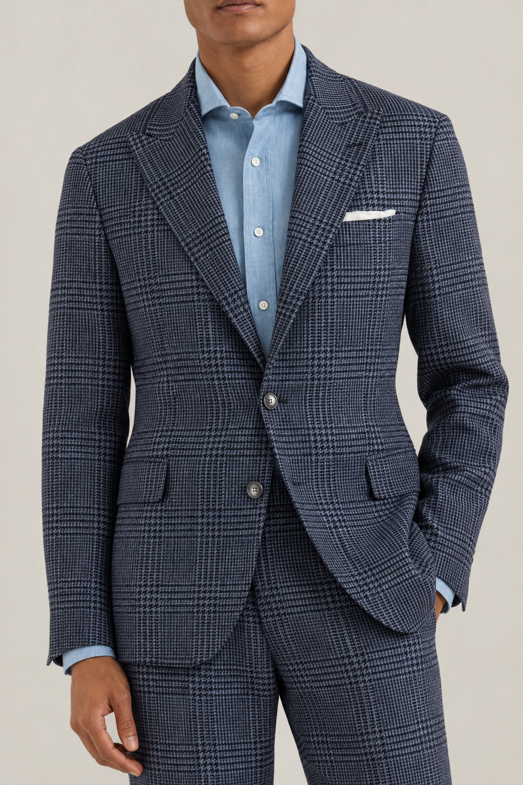 BRUNELLO CUCINELLI MEN'S DENIM WOOL SILK CHECKED BLAZER