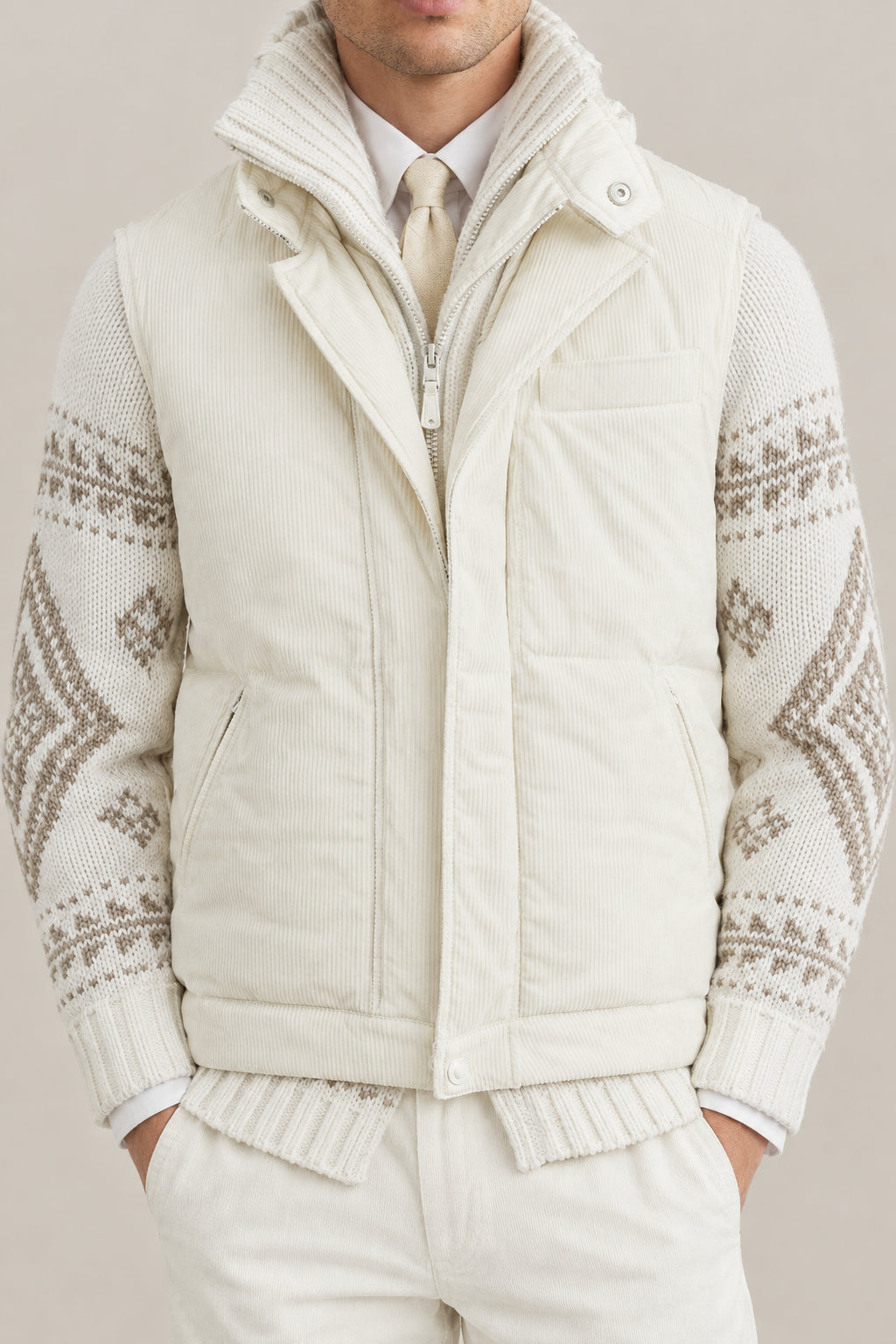 BRUNELLO CUCINELLI MEN'S MILK CORDUROY ZIP FRONT VEST