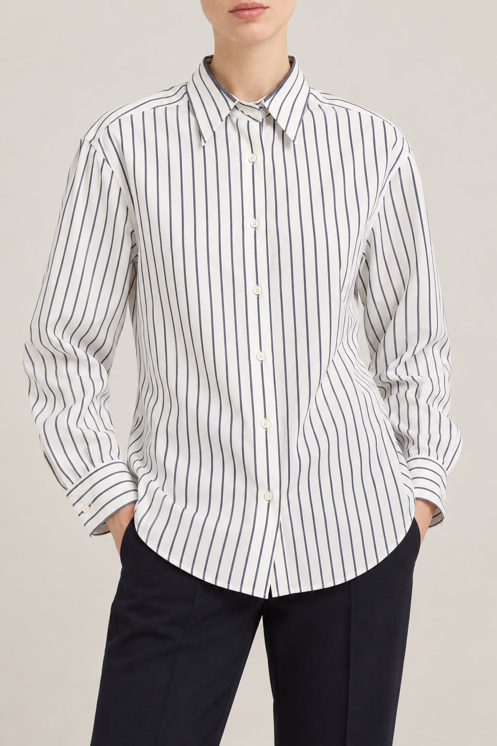 BRUNELLO CUCINELLI WOMEN'S PANAMA BLUE STRIPED COTTON SHIRT