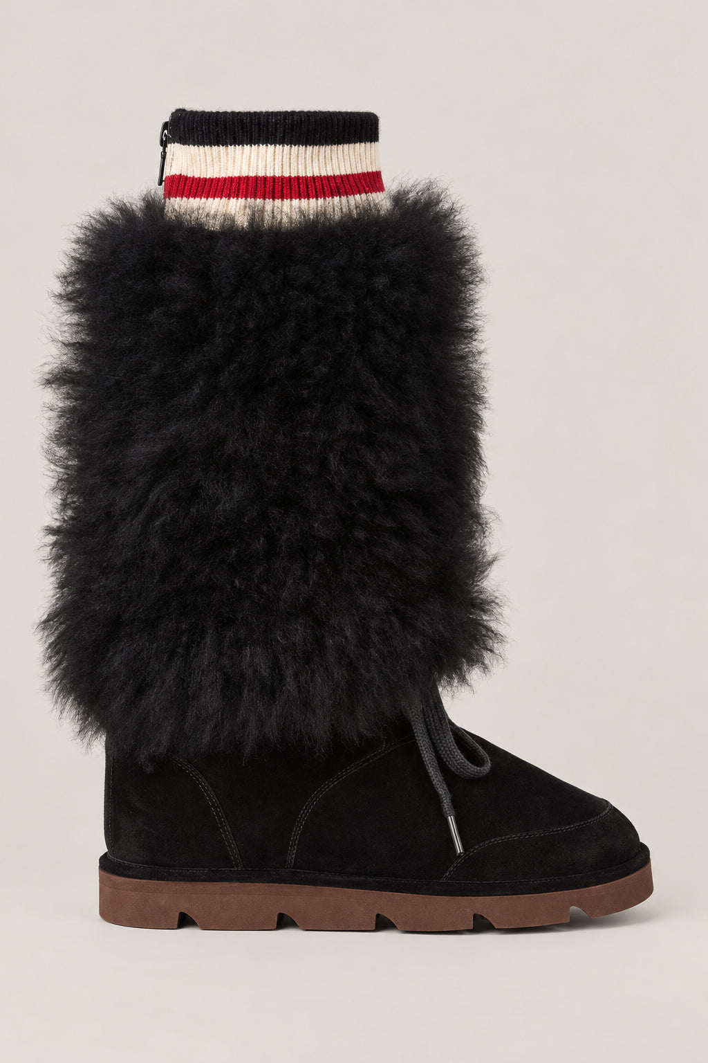 BRUNELLO CUCINELLI WOMEN'S BLACK SHEARLING CUFF SUEDE LACE UP BOOTS