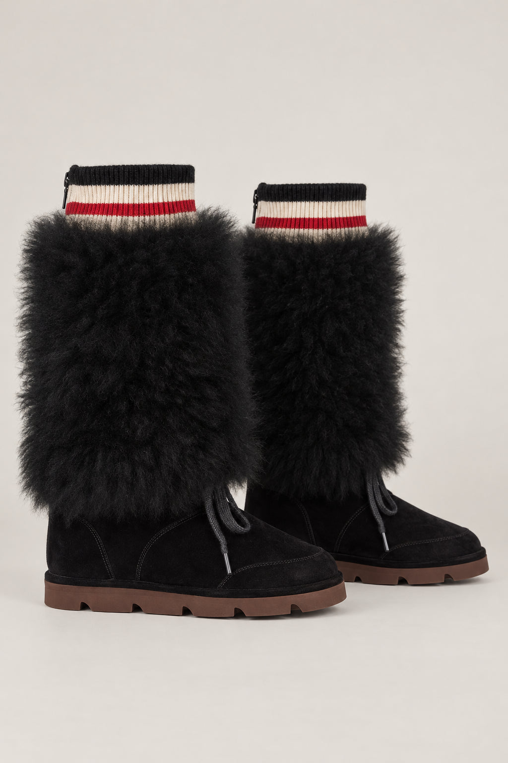 BRUNELLO CUCINELLI WOMEN'S BLACK SHEARLING CUFF SUEDE LACE UP BOOTS