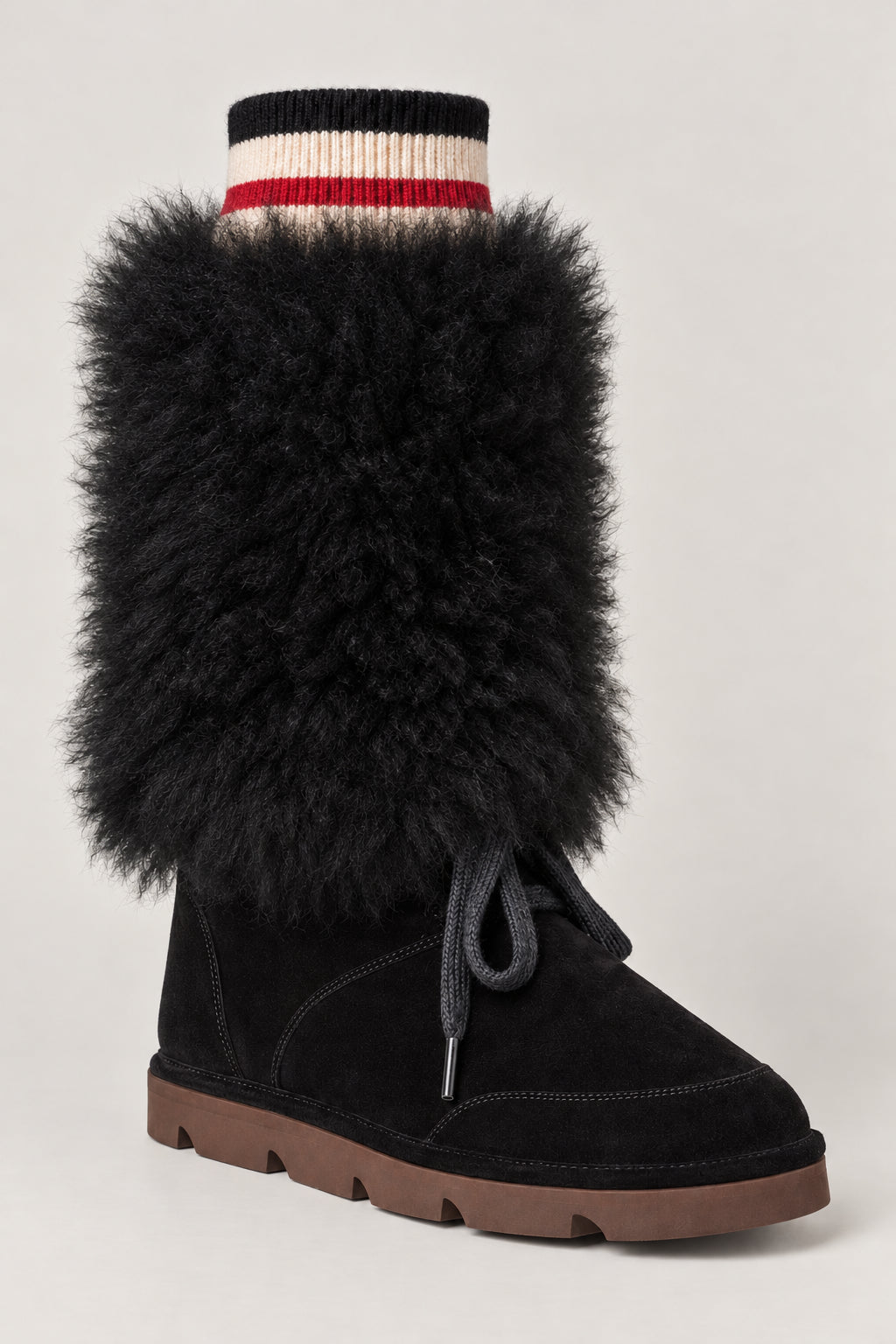 BRUNELLO CUCINELLI WOMEN'S BLACK SHEARLING CUFF SUEDE LACE UP BOOTS