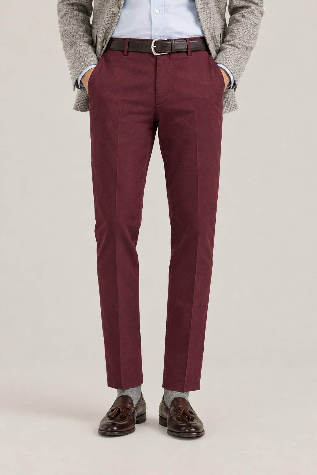 BRUNELLO CUCINELLI MEN'S AMARANTH COTTON STRAIGHT LEG TROUSERS